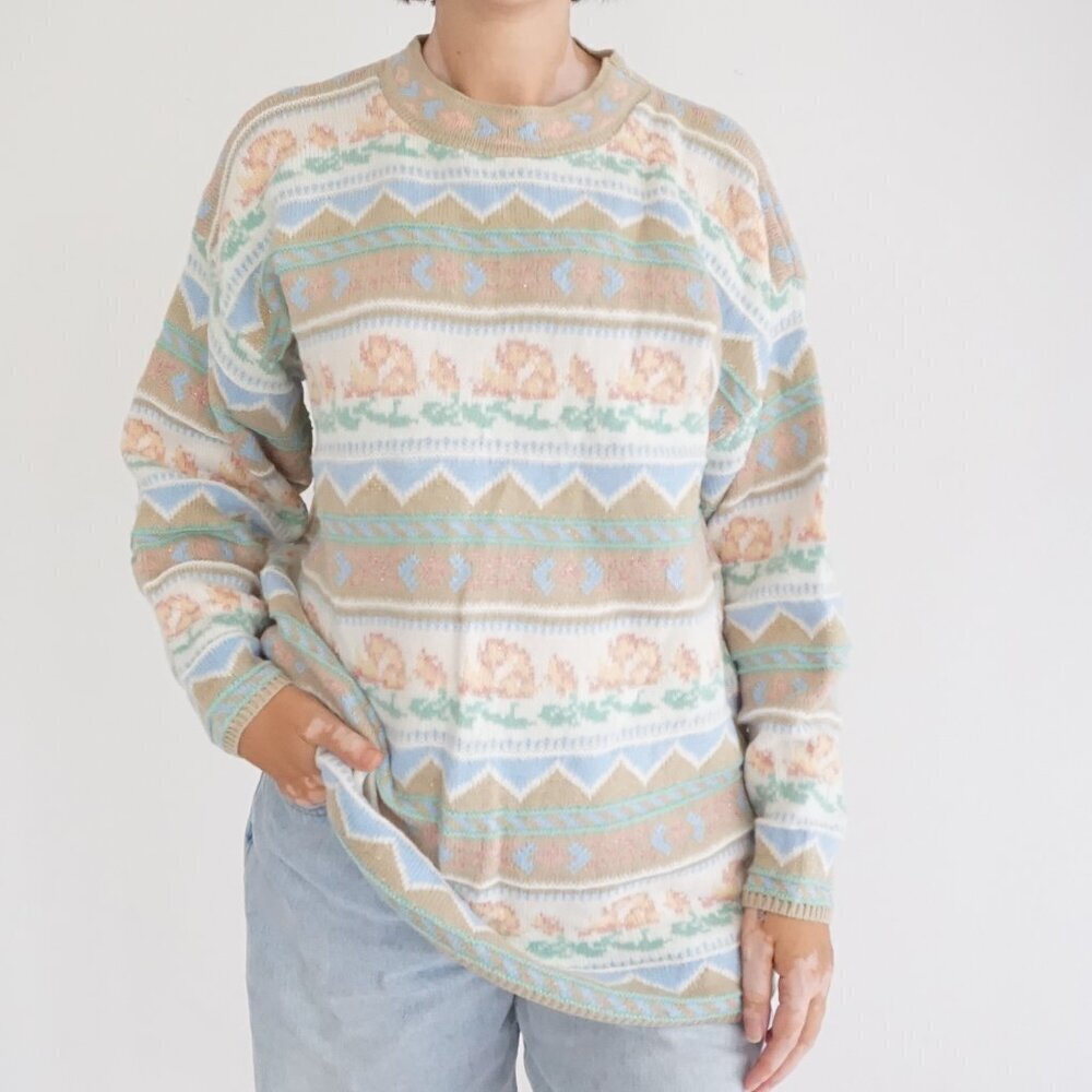 Vintage Dana Scott Pastel Fair Isle Knit Cottagecore Eclectic Grandpa Sweater L